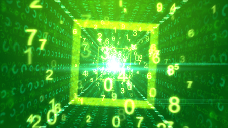 An exciting 3d illustration of flying yellow digits moving through a square portal with a plasma midpoint and rows of dazzling circles and signs in the light green background. の写真素材