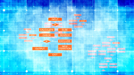 A geometric 3d illustration of computer algorithms on celeste surfaces covered with square networks, shimmering spots, and connected rhombus and rectangular brown iconsの写真素材