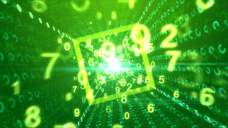 An impressive 3d illustration of twirling yellow digits going through a rhomboid pipeline with a plasma hub and lines of glitzy circular spots in the light green background. の写真素材