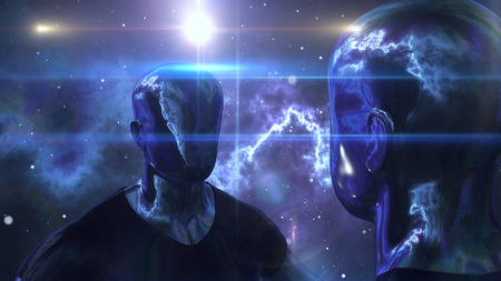 A fantasy 3d illustration of two android men without eyes, lips and nose but in black T-shirts. They stand askew and look at each other in the black and blue space with stars.の写真素材