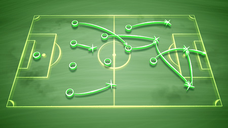 A well-tuned 3d illustration of a soccer field covered with zeroes, crosses and arrows. It shows how the team should give passes to score a goal and to get the victory. It looks greatの写真素材