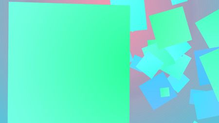 An exciting 3d rendering of whirling big and small squares of celeste and blue colors entertaining optimistically in the light violet background. They look cheeryの写真素材