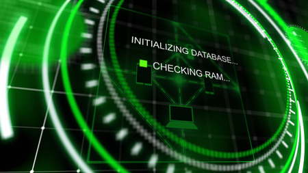 A wonderful 3d rendering of a head-up display covered with a network and a flowchart checking rom and ram in the center of bright green circles in the black backgroundの写真素材