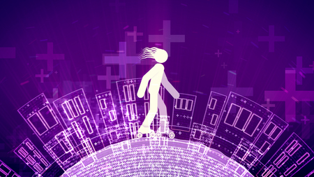 A childish 3d rendering of an abstract young man with streaming hair riding white roller skates in the violet backdrop. The ground with houses and crosses revolts below him.の写真素材