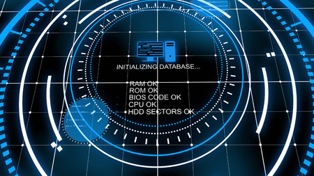 An innovative 3d illustration of a head-up display covered with a grid checking database in the center of several turning around bright blue circles in the black backdropの写真素材