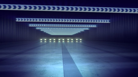 An arty 3d illustration of multicolored illumination of an underground tunnel in the blue...