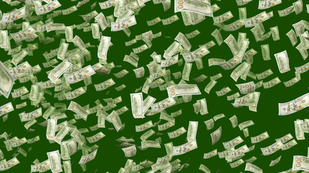 An impressive 3d illustration of flying horizontally and vertically American one-hundred-dollar banknotes in the khaki background. They spin and coil in optimistic and confident way.の写真素材