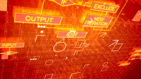 A wonderful 3d rendering of modern algorithms located askew on several purple surfaces full of golden figures, signs, squares, spots, rounds, arrows, grids and interconnected buttonsの写真素材