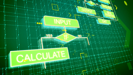 A gorgeous 3d rendering of techno algorithms placed askew on several khaki surfaces full of yellow arrows, brackets, spots, grids and interconnected words in rectangles.の写真素材
