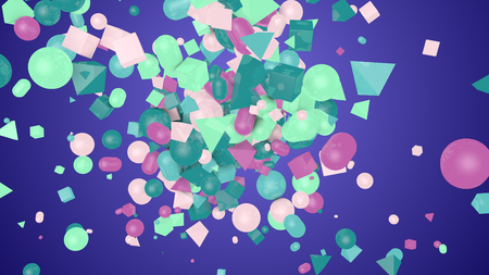 A cheerful 3d illustration of random shape violet background from colorful balls, squares, pills, lozenges, pyramids, cubes, whirling and flying optimistically around.の写真素材