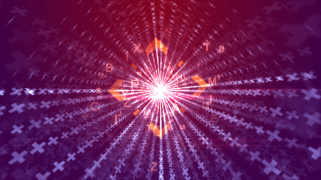 A stunning 3d rendering of flying orange letters going through an orange square way looking like a media portal with lines of crosses and a shining middle in the violet background. の写真素材