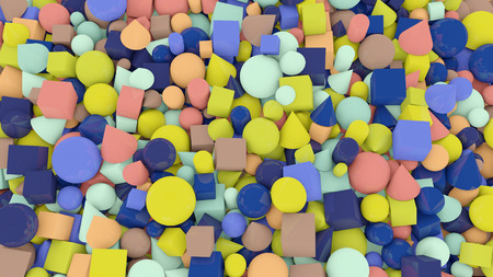 A jolly 3d illustration of casual shape background from numerous and multicolored balls, squares, pills, lozenges, pyramids, cubes, covering the whole background cheery.の写真素材