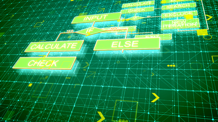 A holographic 3d rendering of mathematical algorithms flowing in the dark green background placed aslant with tablets, lines, spots and such words as check, calculate and exit. の写真素材