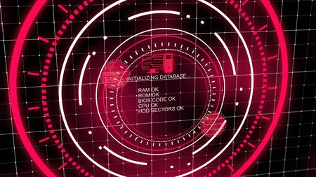 An exciting 3d illustration of a head-up display with coding words appearing in the midpoint of rosy circles spinning in the black background with two bright dots and a networkの写真素材