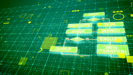 A computer graphics 3d illustration of electronic algorithms located diagonally on several green surfaces full of squares, sparkling spots, guillemets, grids and interconnected iconsの写真素材