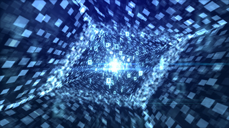 An arty 3d illustration of flying bits of info going through a rhomboid pipeline looking like a bright lozenge with stripes of shimmering white squares in the blue background. の写真素材