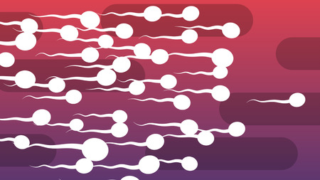 A cheerful 3d illustration of dashing white spermatozoids with curvy tails covering the light violet and purple backdrop with oval black pipes. They look aggressive and livelyの写真素材
