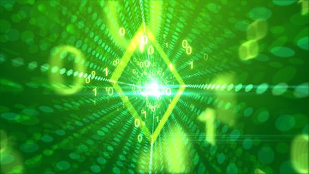 A merry 3d illustration of flying yellow zeroes and ones presenting a cheerful memo going through a rhombus portal in the light green backdrop with glitzy dotty lines. の写真素材