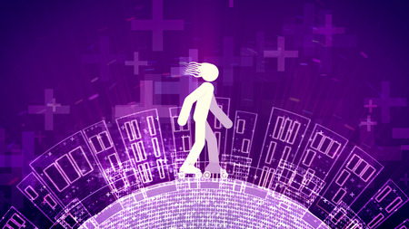 A snappy 3d illustration of an abstract young man riding white roller skates in the violet background. The area with high buildings and crosses rotates under the wheels.の写真素材