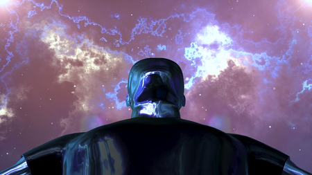 A futuristic 3d illustration of a powerful terminator standing back with radiant metallic body. He looks at the black and violet cosmos with shining plasma and nebula motions.の写真素材