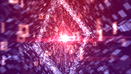 A splendid 3d illustration of flying white zeroes and ones passing through a rhomboid passage looking like a brilliant lozenge with stripes of communication info in the violet backdrop. の写真素材