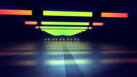 An exciting 3d illustration of orange and yellow neon lamps of an underground subway in the blue and grey background. The horizontal stripes and spots sparkle in a fine wayの写真素材