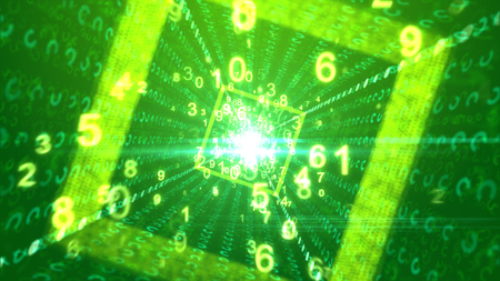 A thrilling 3d rendering of soaring yellow numbers moving through a square tube placed aslant with plasma middle and stripes of shining circles and signs in the green background. の写真素材