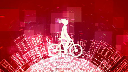 An encouraging 3d rendering of an abstract young man on a white bicycle in the purple background. The round Earth with high apartment blocks rotates below him.の写真素材