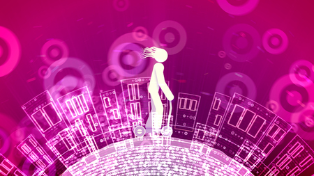 A cheery 3d illustration of an abstract young man pushing his kick vehicle in the purple backdrop with crystalline rounds. The sparkling land with houses rotates below.の写真素材