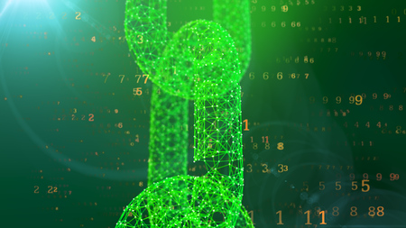 A graphic 3d illustration of a big see-through vertical chain protecting the cyberspace against the flying golden digits of a programmed matrix in the dark green background.の写真素材