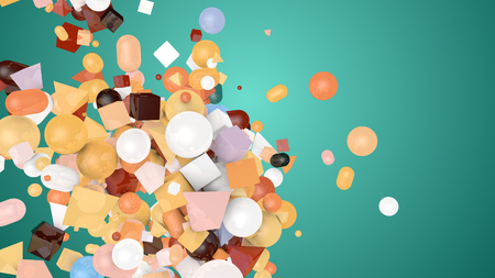An impressive 3d illustration of random shape munsell background from balls, squares, pills, lozenges, pyramids, cubes, falling down on a chaotic heap.の写真素材