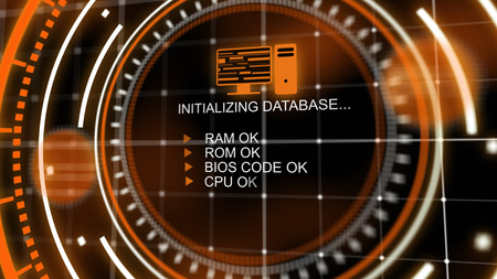 A hi-tech 3d illustration of a head-up display with coding texts appearing in the center of several orange circles turning around in the black background in a professional wayの写真素材