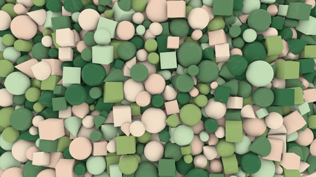 A babyish 3d illustration of different shape and color figures background from cheery big and small light and dark green, pastel and white balls, cubes, sticks, cones and pyramids.の写真素材