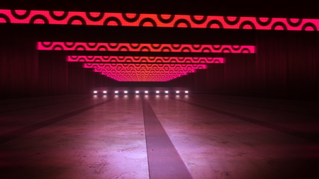 An impressive 3d illustration of red neon stripes with black semi circles in an underground subway in the dark violet background. The lines shimmer in a radiant wayの写真素材