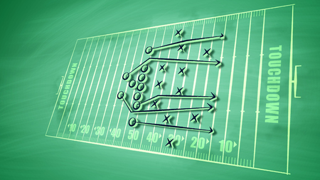 A splendid 3d illustration of a sport field for American football placed askew covered with signs and symbols. It shows the tactics of players trying to stop the attack and to win.の写真素材