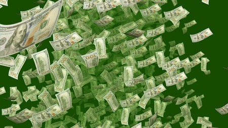 A lavish 3d illustration of falling American dollars in the khaki and green background. They fly and twirl in an optimistic way and generate the mood of success and prosperity.の写真素材