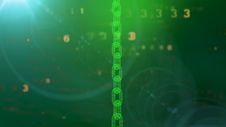 A holographic 3d illustration of a big transparent vertical salad chain protecting the cyberspace against the flying golden digits of a programmed matrix in the dark green background.の写真素材