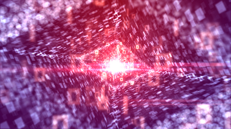 An innovative 3d illustration of dashing white zeroes and ones going through a rhomboid pipeline looking like an all-seeing and powerful media eye in the violet background. の写真素材