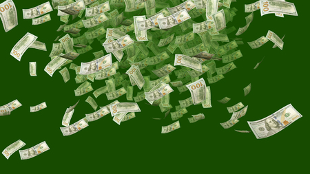 A luxurious 3d illustration of falling American dollars in the khaki background. They spin and whirl in an optimistic way and create the spirit of success and confidence.の写真素材