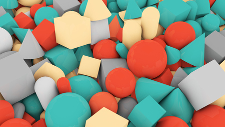 A childish 3d illustration of casual shape background from big and small red and blue balls, cubes, sticks, cones, pyramids, covering the whole background in a jolly way.の写真素材