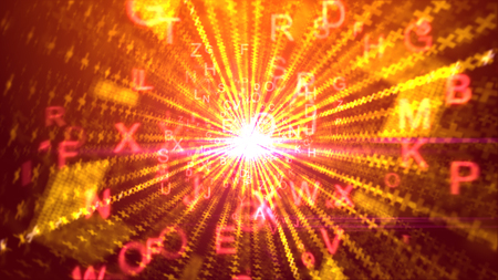 A cheerful 3d rendering of whirling yellow letters with capital O, R, X, passing through a cubic pipeline with a glitzy sun and rays of social media in the purple backdrop. の写真素材