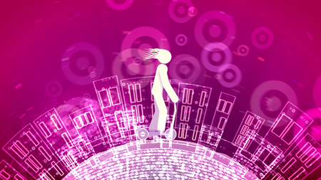 An optimistic 3d illustration of an abstract young guy with streaming hair riding his push vehicle and keeping the handlebar in the purple backdrop with crystalline wheels and houses. の写真素材