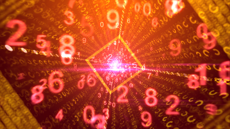 A happy 3drendering of dancing pink and yellow numbers passing through a square golden tunnel with sparkling center and optimistic media beams in the purple backdrop. の写真素材