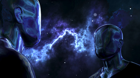 A hi-tech 3d illustration of twofaceless biorobots. They stand aslant and look at each other in the black and blue space with plasma looking lighting, dangerous nebulas and shining stars.の写真素材