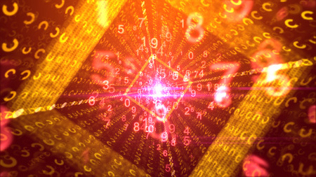 An amazing 3d illustration of flying rosy and yellow digits in a square golden portal with lines of yellow horseshoes, a dazzling center and jolly media rays in the purple background. の写真素材
