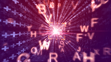 A fantastic 3d rendering of flying yellow numbers going through a square channel looking like a computer world portal with stripes of communication crosses in the violet backdrop. の写真素材