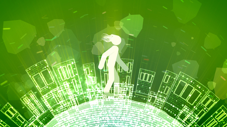 A cheerful 3d illustration of a snappy young man with fluttering hair riding a skateboard in the khaki background. The ground with high houses and bubbles revolts under his wheels.の写真素材