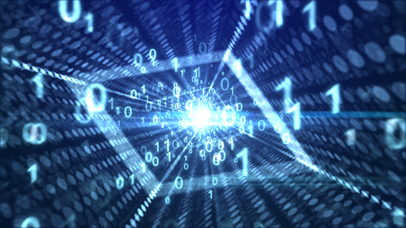 A cyberspace 3d illustration of rushing white zeroes and ones moving through a rhomboid portal placed askew with stripes of shimmering round spots in the dark blue backgroundの写真素材