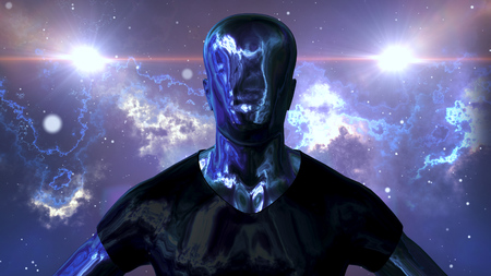 A sci-fi 3d illustration of an android creature without eyes, lips and nose but with sparkling metallic face and body. The black and blue cosmos and two suns are behind him.の写真素材