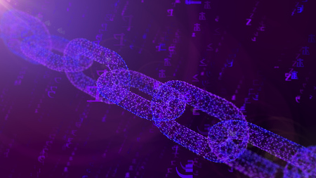 A gorgeous 3d illustration of a massive blue shackle placed askew protecting the cyberspace against the spinning numbers of a programmed matrix in the violet background.の写真素材